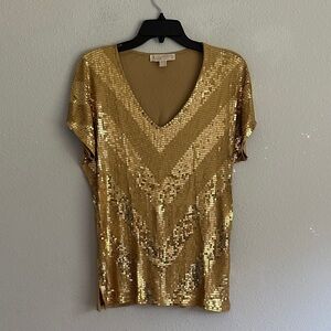 MICHAEL Michael Kors Gold Sequin Top SIZE small Chevron Stripes Tee V-Neck